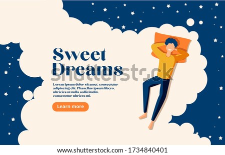 Sweet dreams, good health concept. Young man sleeps on side. Vector illustration of boy in bed, night sky, stars. Advert of mattress. Design template with pose of sleeping for flyer, layout