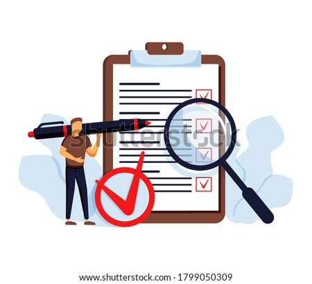 Task done vector illustration. Flat tiny check to do list persons concept. Symbolic positive and approved checklist or completed project validation form. Good and confirmed exam or survey results.