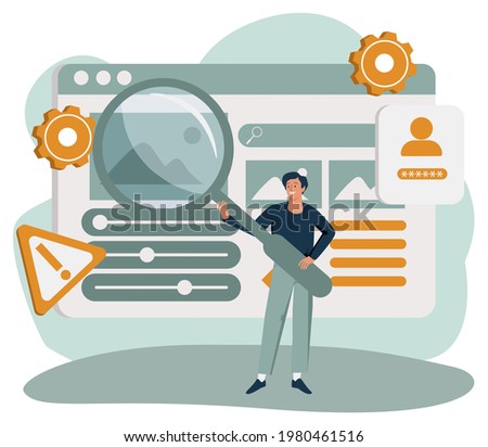 man holding giant magnifying glass or loupe. Concept of SEO or search engine optimization, internet algorithm for increasing website visibility, online marketing strategy. Flat vector illustration.