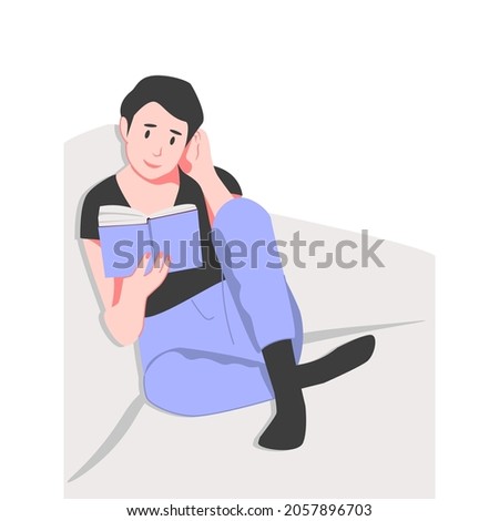 Relaxed domestic girl sitting in comfy hanging chair reading book vector flat illustration. Woman resting covered blanket surrounded by pillows isolated. Female enjoying recreation and selftime