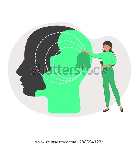 Self conscious and awareness as attention to inner human tiny person concept. Sharp thinking and notice actions around as awake yourself with inner ringing bell vector illustration. Psychology scene. Stock foto © 
