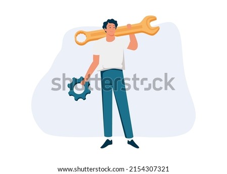 Man holding wrench, screwdriver and gear wheel. Concept of technical service, mechanical repair, maintenance work, professional support, help or assistance. Modern flat colorful vector illustration.