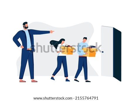 Businessman bankrupt dismiss group of employees. Dismissed business people. Fired office workers holds boxes with papers. Financial crisis and unemployment.Staff reduction concept.