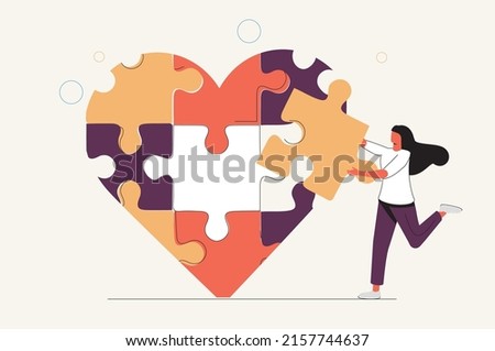 Mental recovery after relationship breakup loss tiny mini person concept. Heart healing therapy or care after emotional and painful marriage divorce as missing jigsaw puzzle pieces vector illustration