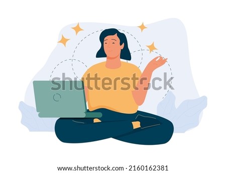 Calm business woman. Businesswoman meditating and relaxing in lotus position meditation and yoga in a noisy office. People work in and business, workflow management, and office situations. 商業照片 © 