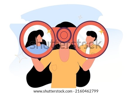 Searching for candidate, HR Human Resources find people to fill in job vacancy, finding customer or career opportunity concept, businessman HR look through binoculars to find candidate people.