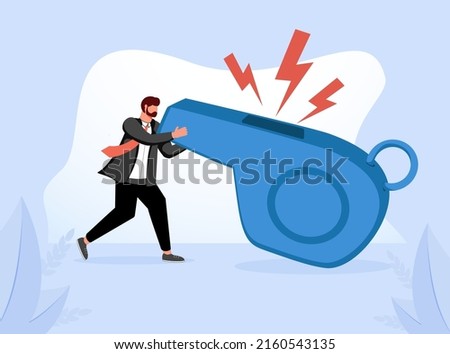 Business whistleblower the misconduct inside person to illegally disclose information to public concept, businessman blowing the whistle out load while pointing signal to tell other people. Leadership