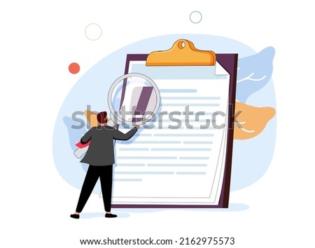 Man holding magnifying glass and examining document. Concept of business analysis, audit, professional check of documentation, investigation, inspection. Modern flat colorful vector illustration.