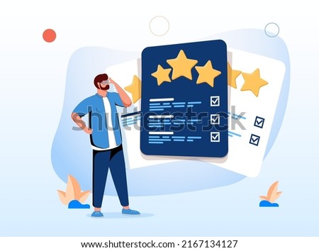 A cute cartoon guy and rating cards. Choosing the right tariff plan, pricing table, evaluating, and determining the best option. Thin line elegance vector illustration on white background. Price plan