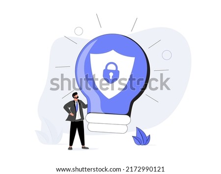 Intellectual property, patented protection, copyright reserved or product trademark that cannot copy concept, businessman owner standing with light bulb idea locked with padlock for patents.