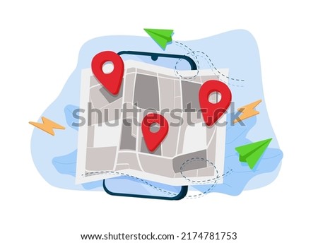Smartphone with map Illustration, Map pins, GPS, navigator pin checking points. Cartoon Vector illustration