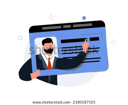 Identity card with photo concept. Smiling man worker cartoon character holding document identification with his face as photo vector illustration. ID card, car driver licences, colorful vector.