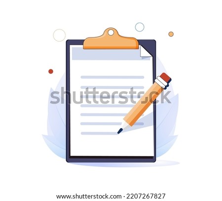 Copywriting, writing icon. Clipboard with pencil and text. Creative writing and storytelling, education concept. Business documents icon. Writing education. Story Vector illustration. Narrative scene Foto stock © 