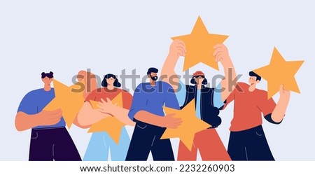 Five stars rating flat style vector concept. People are holding stars over the heads. Feedback consumer. Happy people are holding review stars over their heads. Five stars rating. Customer review