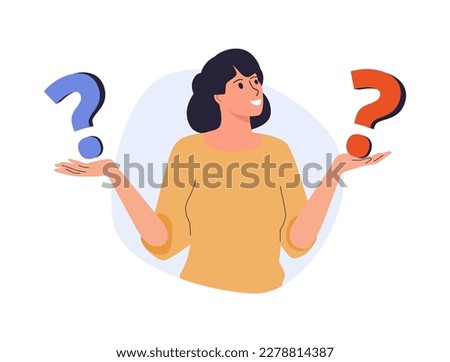 Woman make choice, decision illustration concept. Business woman doubting, deciding, setting priorities. Questioned employee thinking, analyzing two options. Flat vector illustration isolated on white