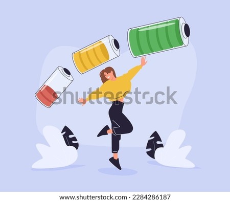 Vital energy, human energy boost concept. Character with a high level of life battery charge indicator. Active person with recharged battery. Flat vector illustration