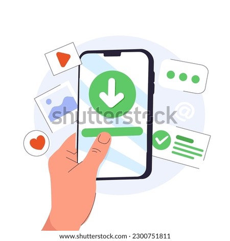 Cartoon mobile phone in hand with download data to cloud computing concept for file sharing and data transfer system. Download file to app mobile phone. Flat mobile app icon vector illustration