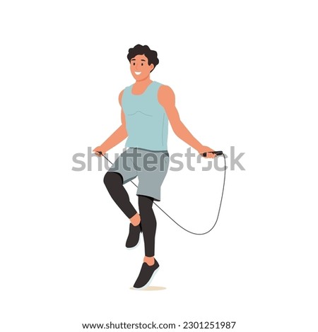 Person jumping over skipping rope. Man at cardio workout. Young guy doing physical exercise for endurance. Flat vector illustration of sports training isolated on white background