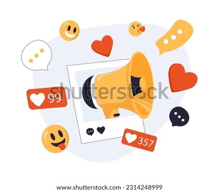 Megaphone speaker for announce digital marketing composition. Valentine's Day decorative cartoon objects, heart love emoji sound icon, like, share comment. Speakerphone alert icon vector illustration