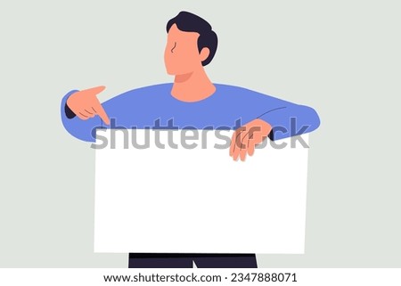 Cheerful Young man Leaning And Pointing Down At Blank White Advertisement Board With Two Fingers. Hand drawn style vector design illustrations