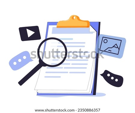 Cartoon media file document management. Searching image and video content files icon. Document management soft, document flow app, compound docs concept. Magnifying icon vector rendering illustration