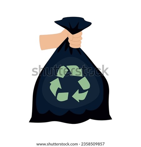 bags waste, garbage black plastic bag in hand isolated on blue background, bin bag plastic black for disposal garbage, icon bag trash and hand, bags waste full, illustration rubbish junk bag recycle