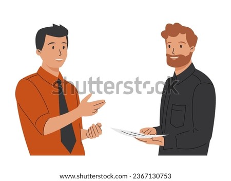 Men friends chatting. Young guys standing together and talking. Couple of males speaking to each other. Dialog and communication between people. Flat vector illustration isolated on white background