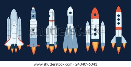 Rockets and spaceships flat vector illustrations set. Space shuttles for universe exploration and interstellar travel. Various spacecrafts isolated on dark blue background. Aerospace engineering.