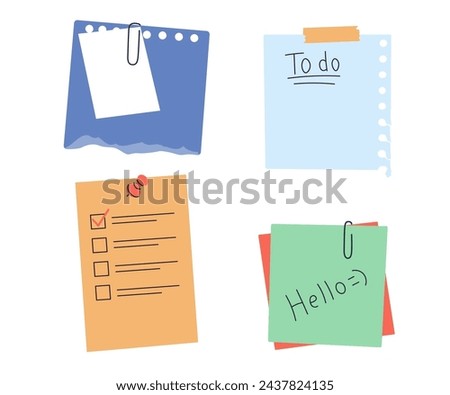 Paper notes, stickers, sticky sheets and tape. Vector set of to do list, memo messages, notepads and torn paper sheets. Notepaper meeting reminder, office notice or information board with appointments