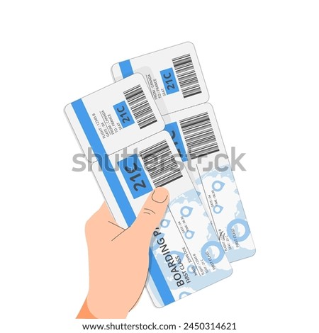 Two air flight tickets, boarding passes in hand. Tourist, passenger holding checkin papers for airline, airplane travel, showing for checking. Flat vector illustration isolated on white background