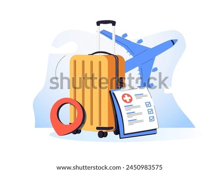 Flight plane travel tourism trip with insurance policy. Tourism plane trip planning world tour with with insurance protection icon on holiday summer. Icon vector airplane illustration