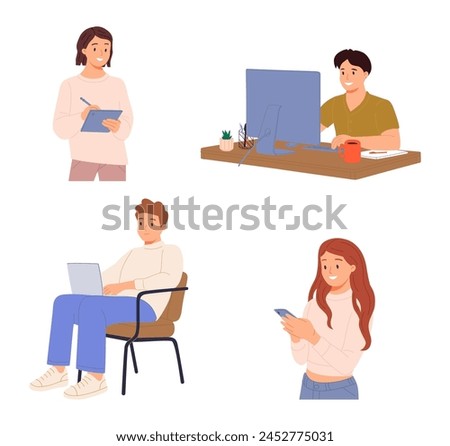 People using gadgets set. Business men, women work online, surfing internet with desktop computer, laptop, mobile phone, tablet PC. Flat graphic vector illustrations isolated on white background