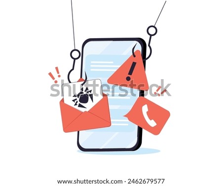 Mobile Fraud Alert, Phone scam, Online Warning. Spam Distribution or Malware Spreading Virus - mobile fraud alert warning notification. Vector isolated illustration on dark background with icons