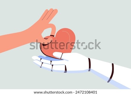 Human hand. Artificial intelligence machine. Arm giving red heart. Alien technology. Robot and people community. Love and art. Support palm. Generosity and assistance. Vector concept