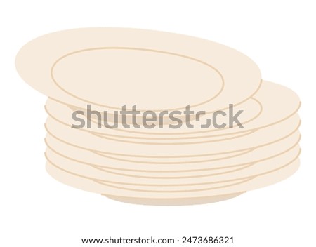 Set of vector ceramic plates in different position in doodle style. A stack of plates, clean dishes. Hand-drawn kitchen utensils, sketch isolated on white background.