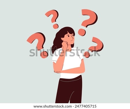 Young woman doubts and questioning everything. Young girl in casual clothes surrounded by a question mark. Flat cartoon vector illustration.