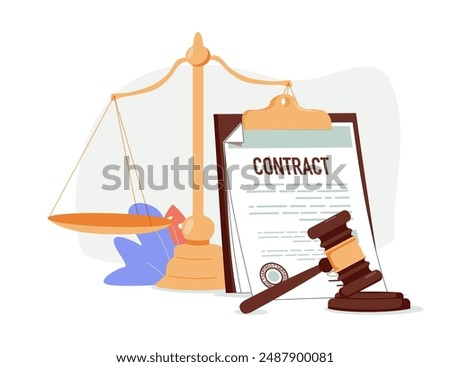 Law and justice, concept with scales and hummer in modern style. Vector illustration. Law and justice, signing contract, agreement or document. Public law consulting and legal advice concept