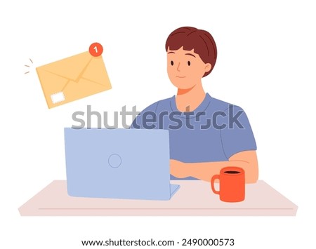 Sending email. Business correspondence, online communication via e-mail concept. Employee, office worker at laptop, holding work letter, envelope. Flat vector illustration isolated on white background