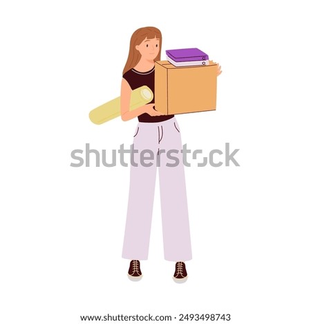 Employee carrying work papers, documents stack. Office worker, female clerk going, holding many files, boxes, business folders in hands, moving. Flat vector illustration isolated on white background