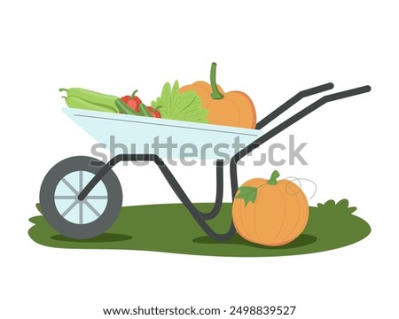 Farm harvest in wheelbarrow. Organic vegetables, natural fruits in wheel barrow. Eco garden crops, food products heap picked in agriculture cart. Flat vector illustration isolated on white background