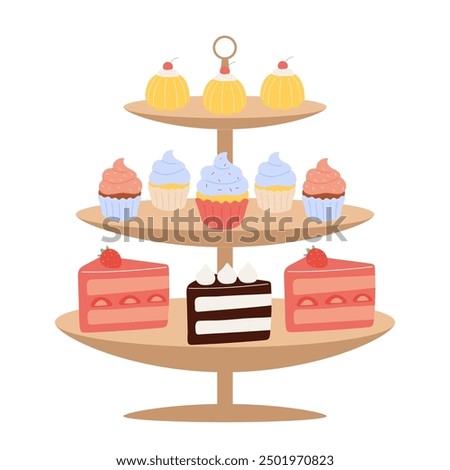 Pastries on a serving plate. Sweet desserts on a three-layer tray. Confectionery, delicacies. Cupcakes, cakes, soufflé. Flat vector illustration on white background