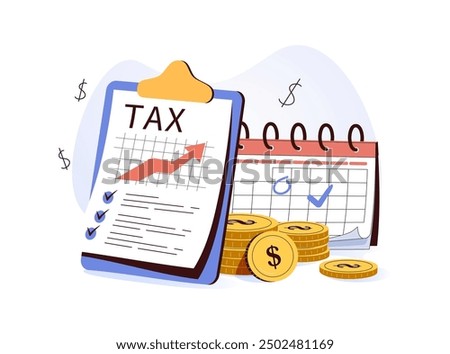 Taxes illustration set. Characters using tax calendar to filling tax declaration form online and with financial advisor. Taxation planning concept. Vector illustration.