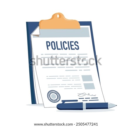 Policies document, Contract papers illustration. Business policy document concept vector illustration. Insurance policies. Regulation concept list document company clipboard and folder. Vector