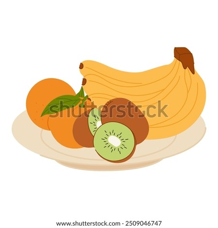 Fruit plate, bowl. Banana, kiwi, oranges on a dish. Tropical mixture of healthy food served on a tray, plate. Fresh natural healthy snack. Flat vector illustration on white background