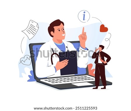 Electronic health record and online medical services illustration set. Doctor in hospital reading patient EMRs. Patients having online consultations with medical specialists. Vector illustration.