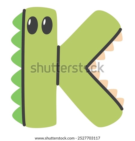 Capital letter K of childish alphabet with animal in scandi style. Kids font with crocodile for kindergarten and preschool education. Colored flat vector illustration isolated on white background