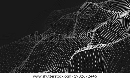 Wave of particles on dark background. Technology backdrop. Pattern for presentations. Vector illustration	