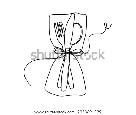 Continuous one line drawing of beautiful christmas table setting icon in silhouette on a white background. Linear stylized.