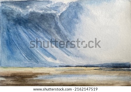 watercolor drawing, thunderstorm in the sky, sky and field landscape
