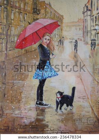 The Canvas Art Gallery Oil Painting Girl In The Rain With A Red